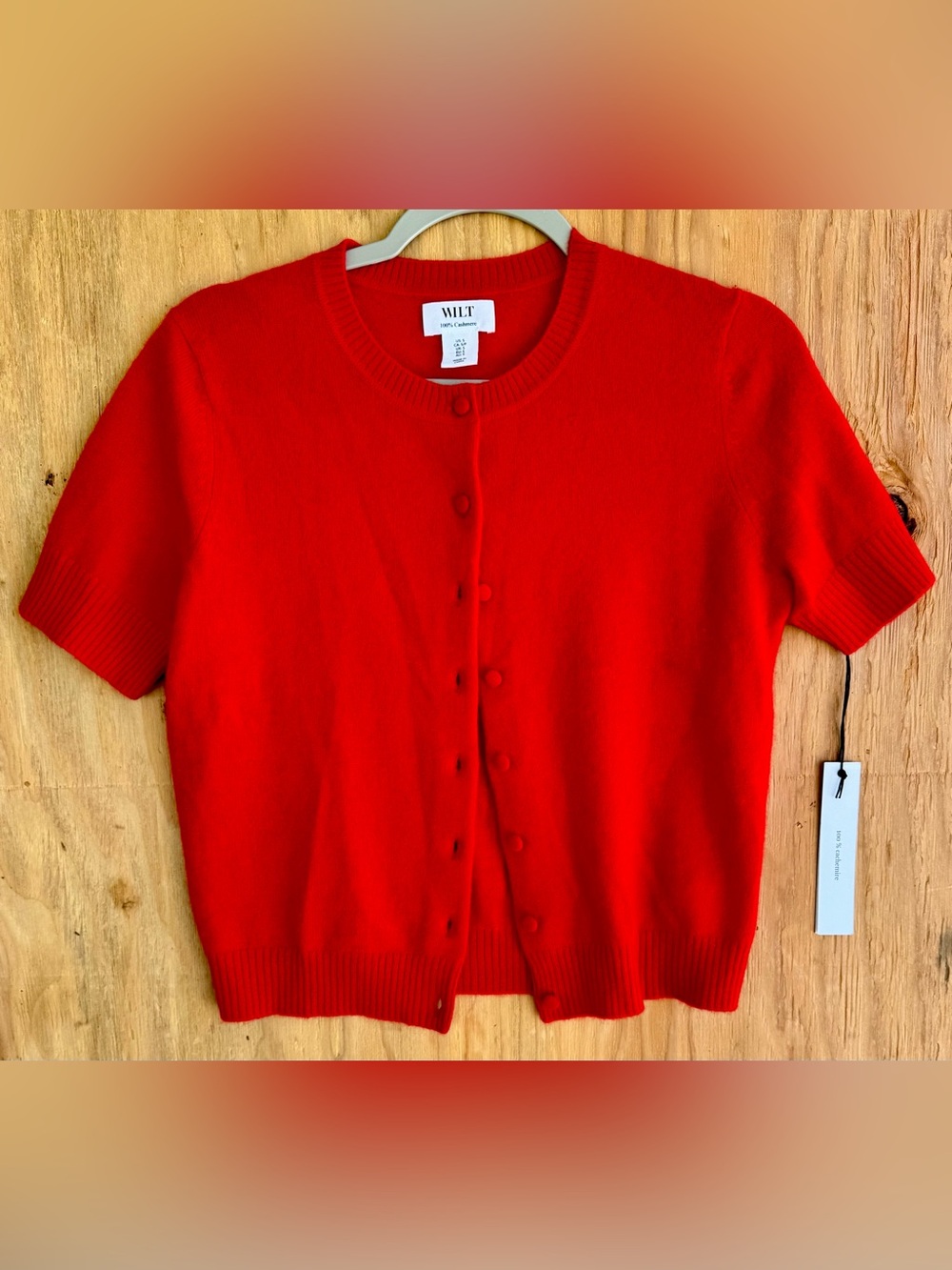 WILT 100% Cashmere Short Sleeve Cardigan Sweater Red Button Front Size Small NWT